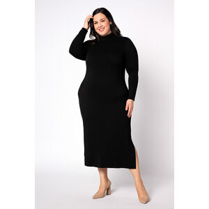 Women with Control Black Mock Jersey Cotton Midi Dress Long Sleeve 2XP Plus
